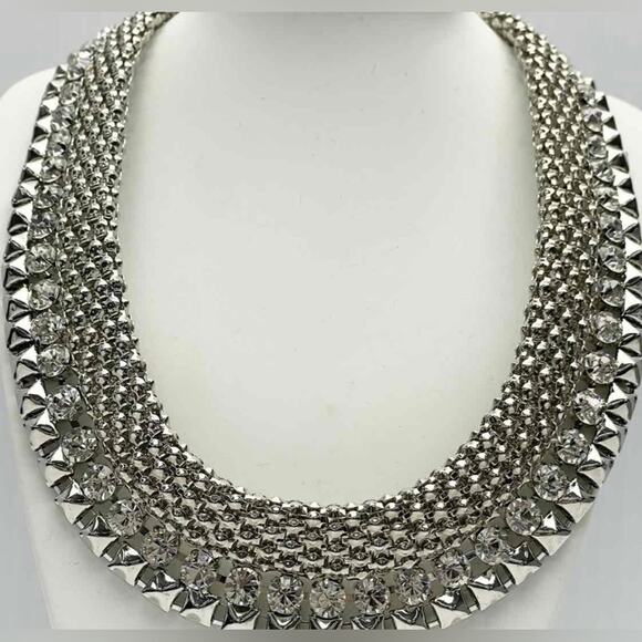Designer Vintage RJ Graziano 80s Large Bibb Statement Necklace Silver Crystal - Picture 2 of 6